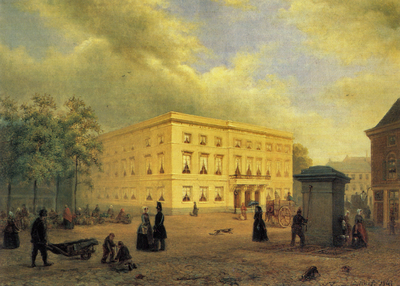 601590 Prentbriefkaart naar het door A.W. Nieuwenhuijsen in 1847 vervaardigde schilderij voorstellend het Gebouw voor ...